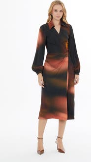 Gizia V-Neck Wrap Buttoned Long Sleeve Midi Dress