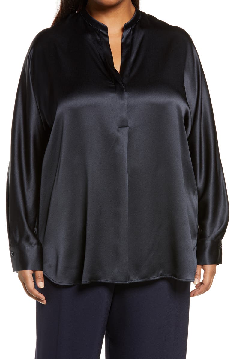 Band Collar Silk Tunic Blouse