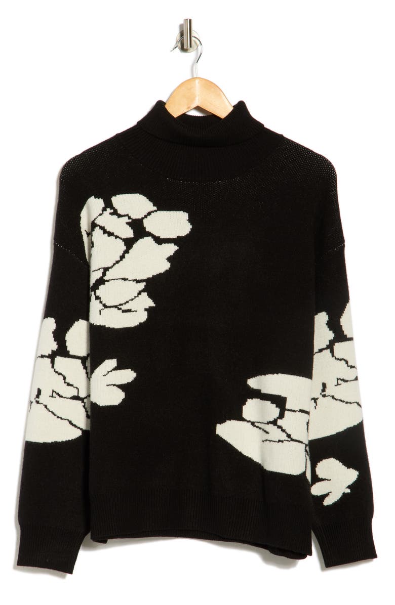 Ellen Tracy Floral Turtleneck Sweater, Main, color, Black