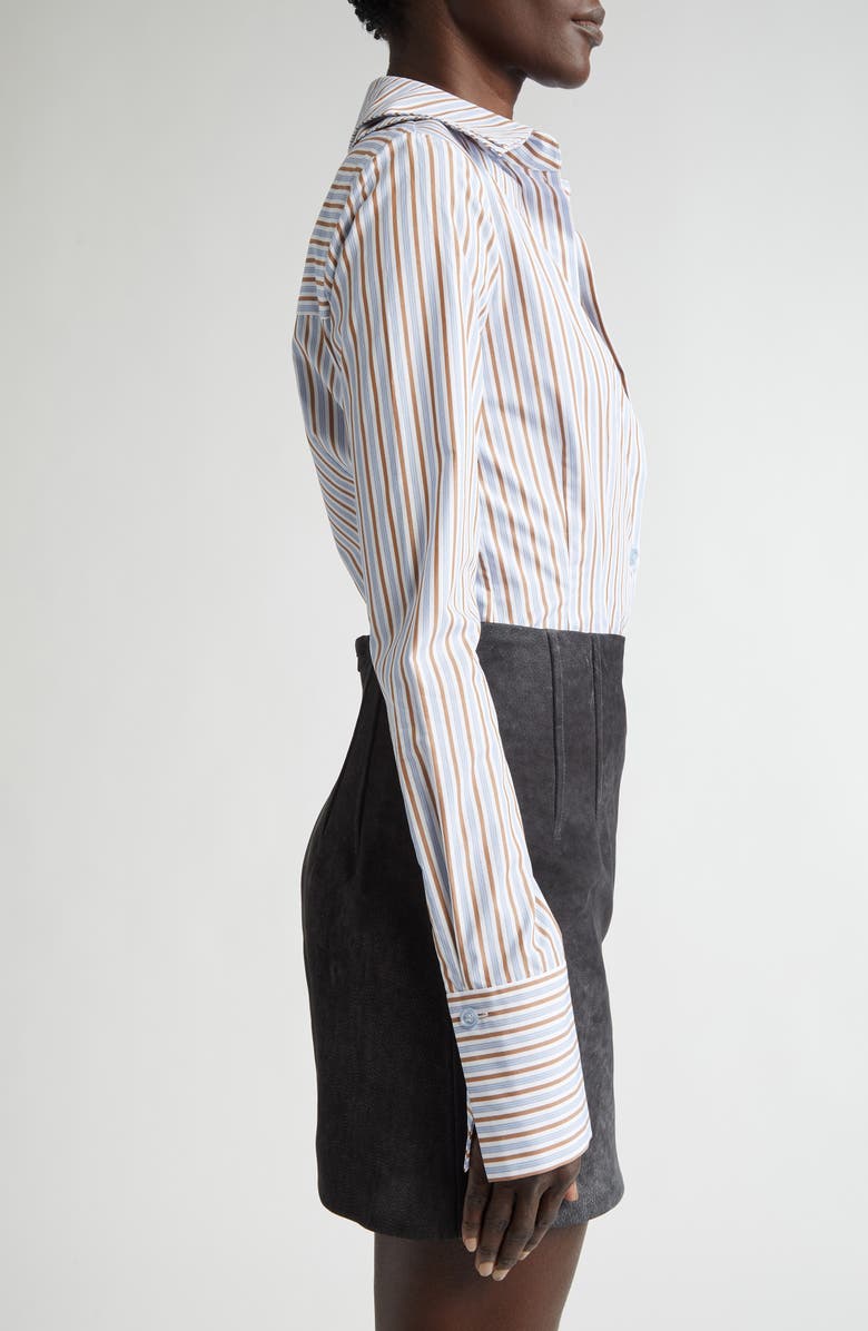 LaQuan Smith Stripe Plunge Neck One-Button Shirt, Alternate, color,