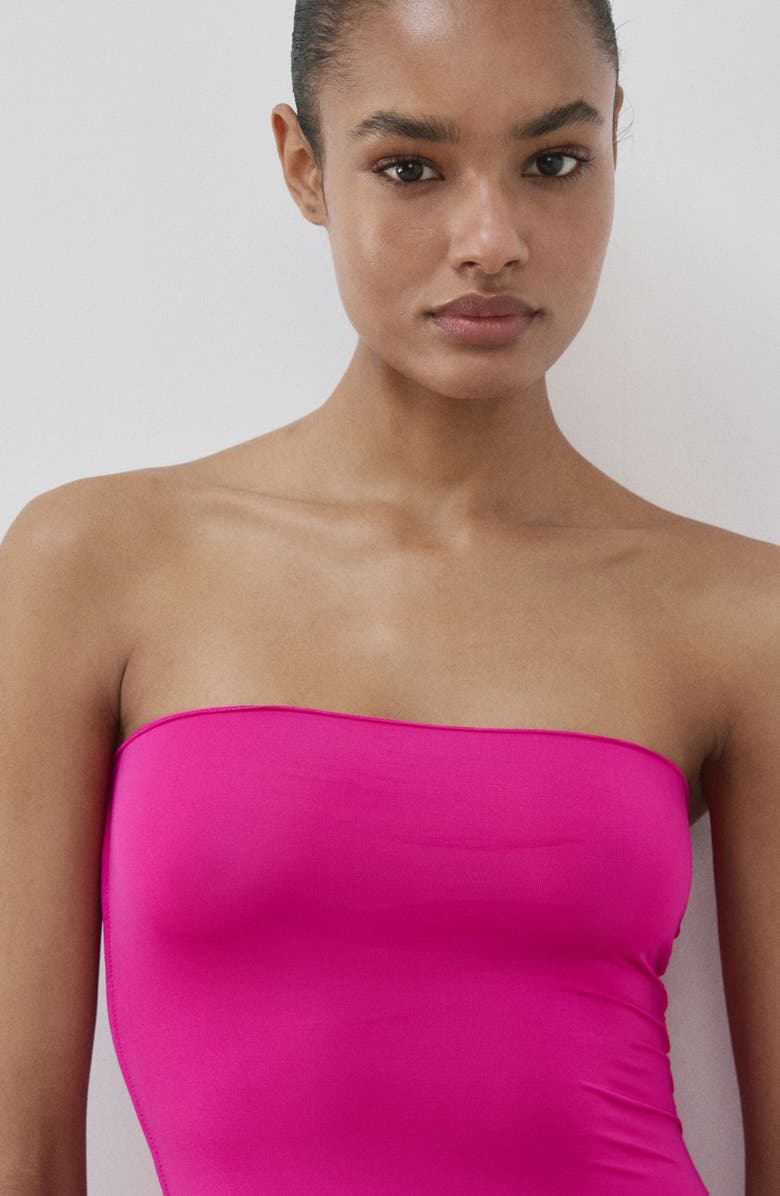 MANGO Strapless Drop Waist Midi Dress, Alternate, color, Fuchsia