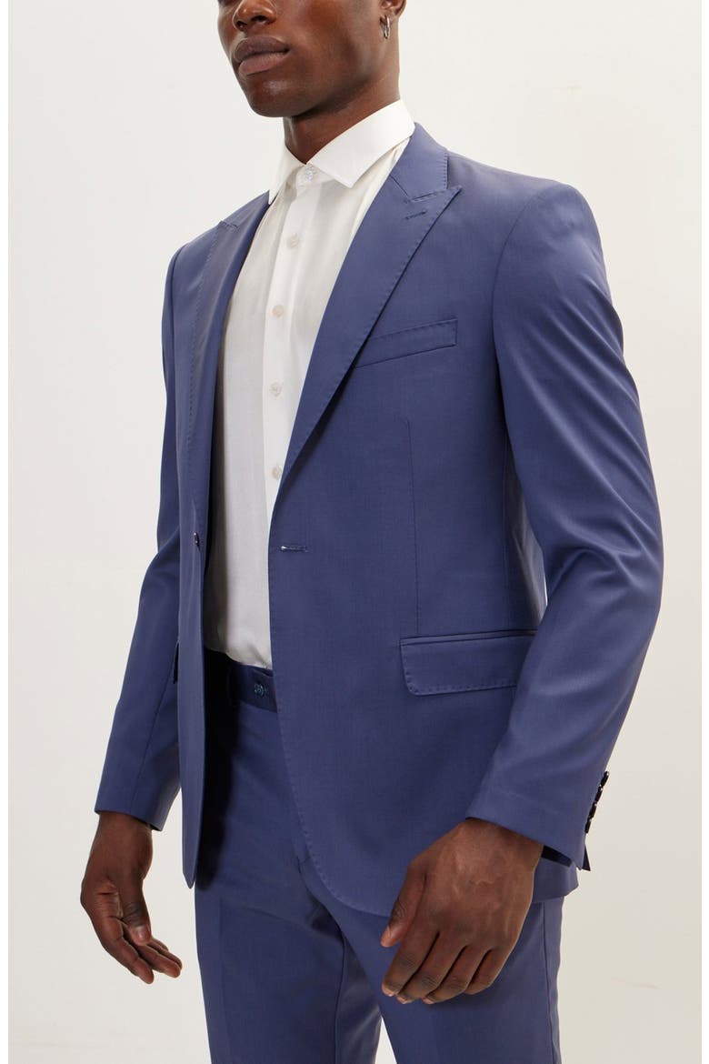 Trim Fit Solid Peak Lapel Wool Suit, Alternate, color, INDIGO