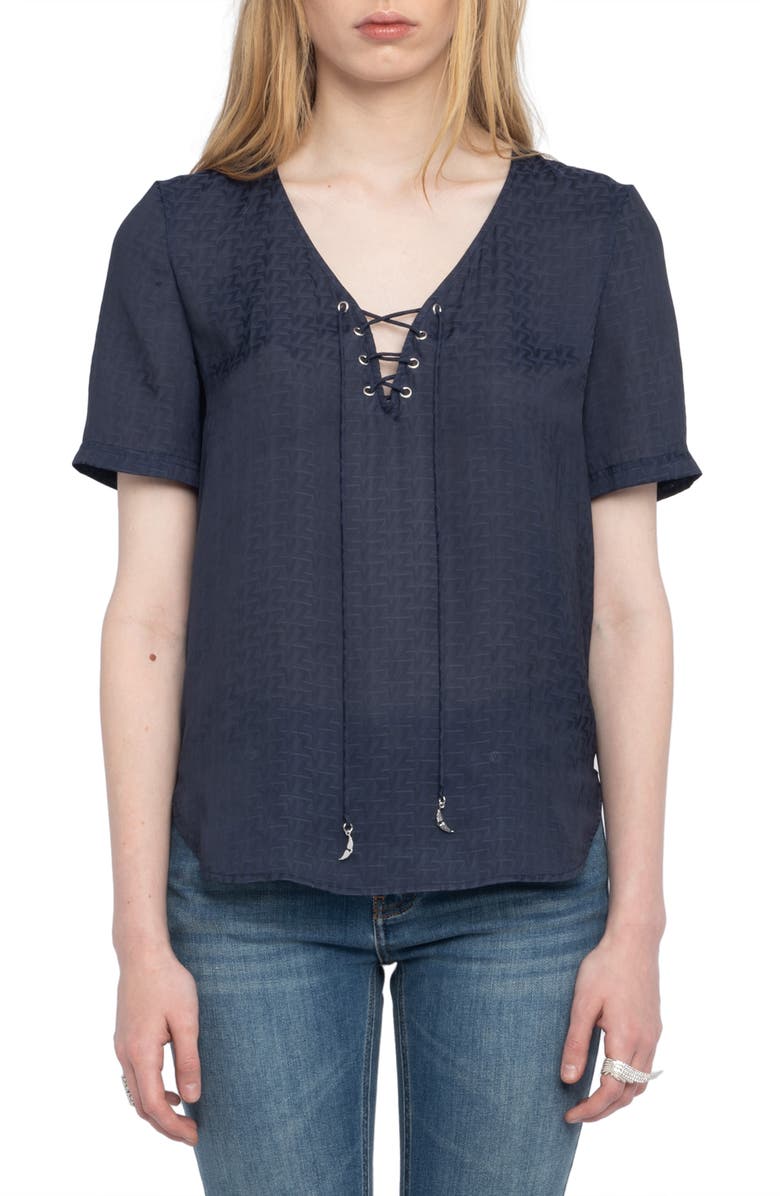 Zadig & Voltaire Terzo Lace-Up Satin Top, Main, color, 