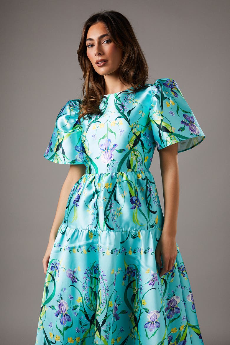 Twill Puff Sleeve Printed Midi Dress, Alternate, color, Green