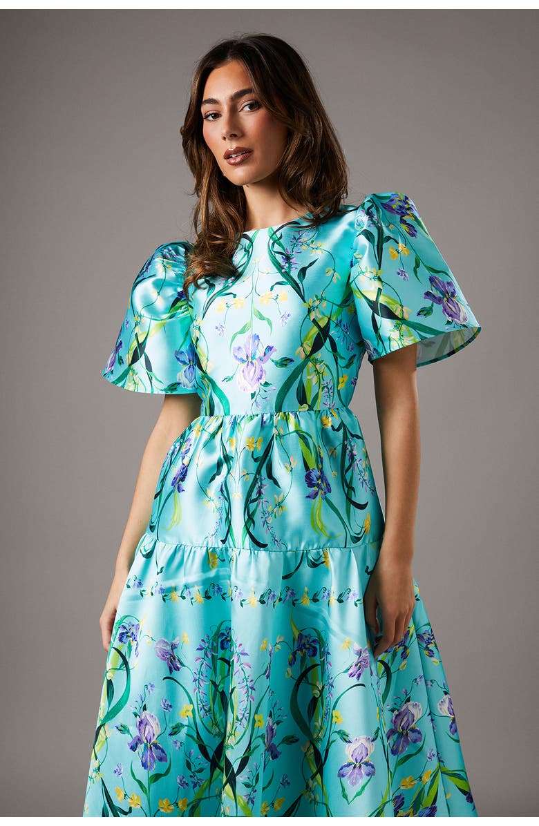 Coast Twill Puff Sleeve Printed Midi Dress, Alternate, color, Green