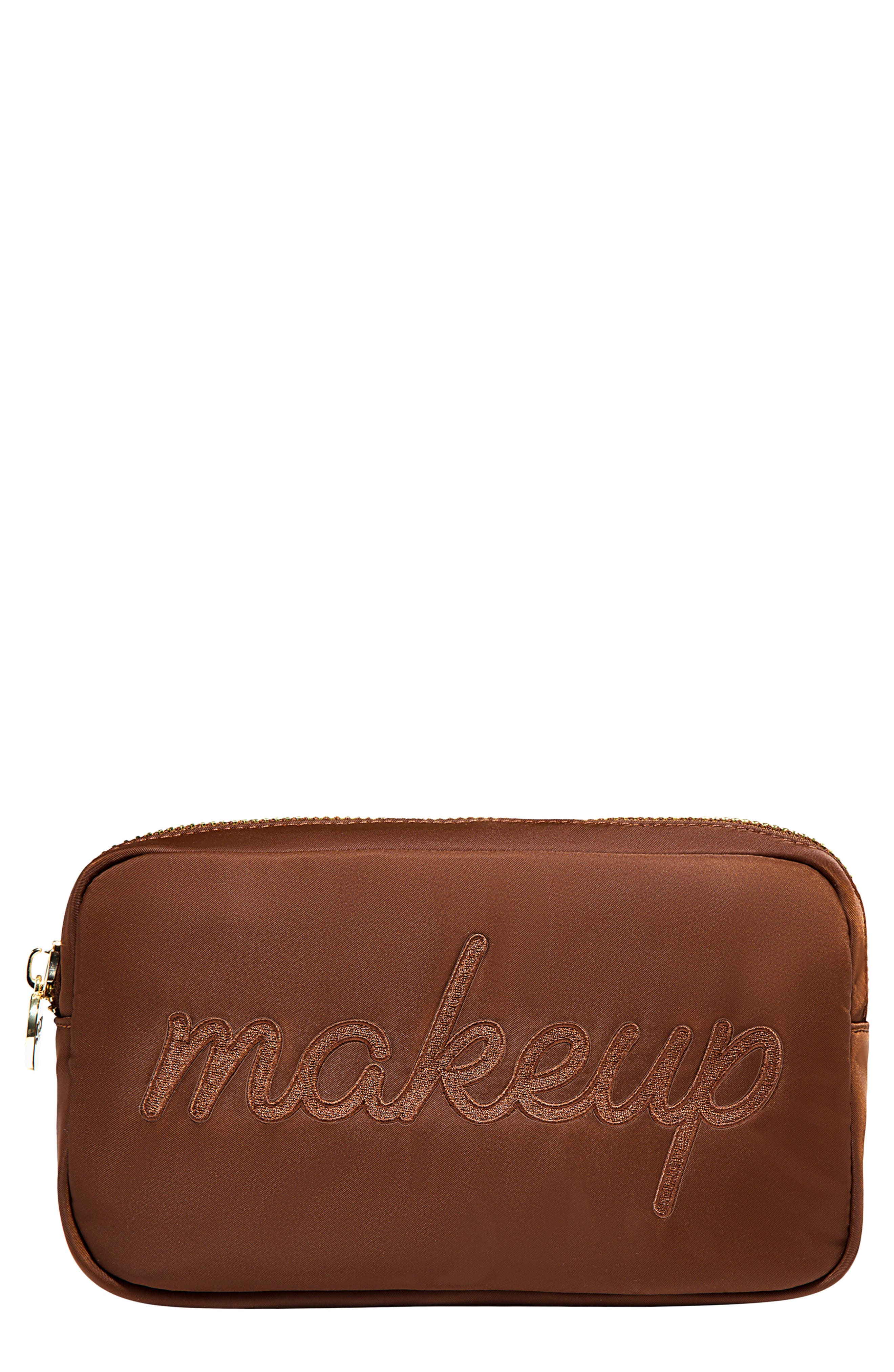 Small Makeup Embroidered Nylon Pouch, Main, color, ESPRESSO