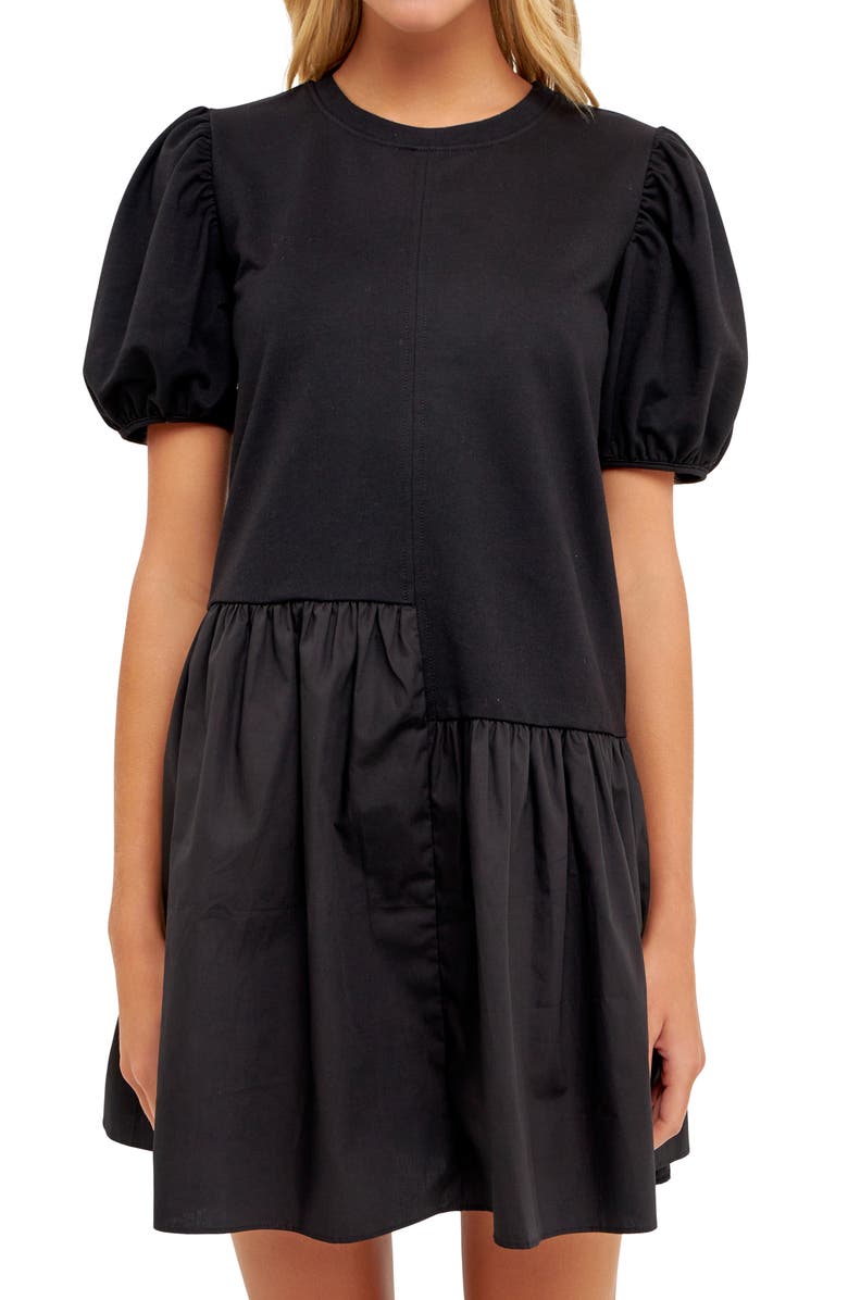 English Factory Puff Shoulder Mixed Media Minidress, Alternate, color, Black