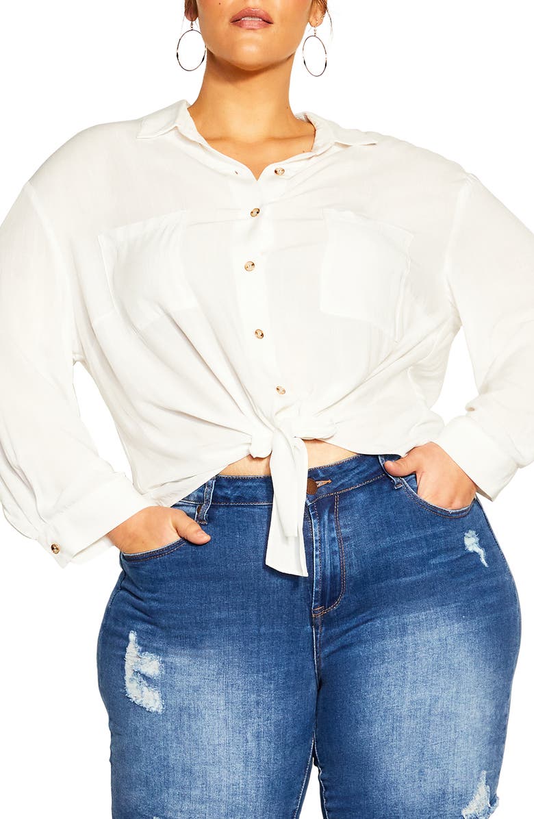 City Chic Tropical Tie Hem Button-Up Shirt, Alternate, color, Print