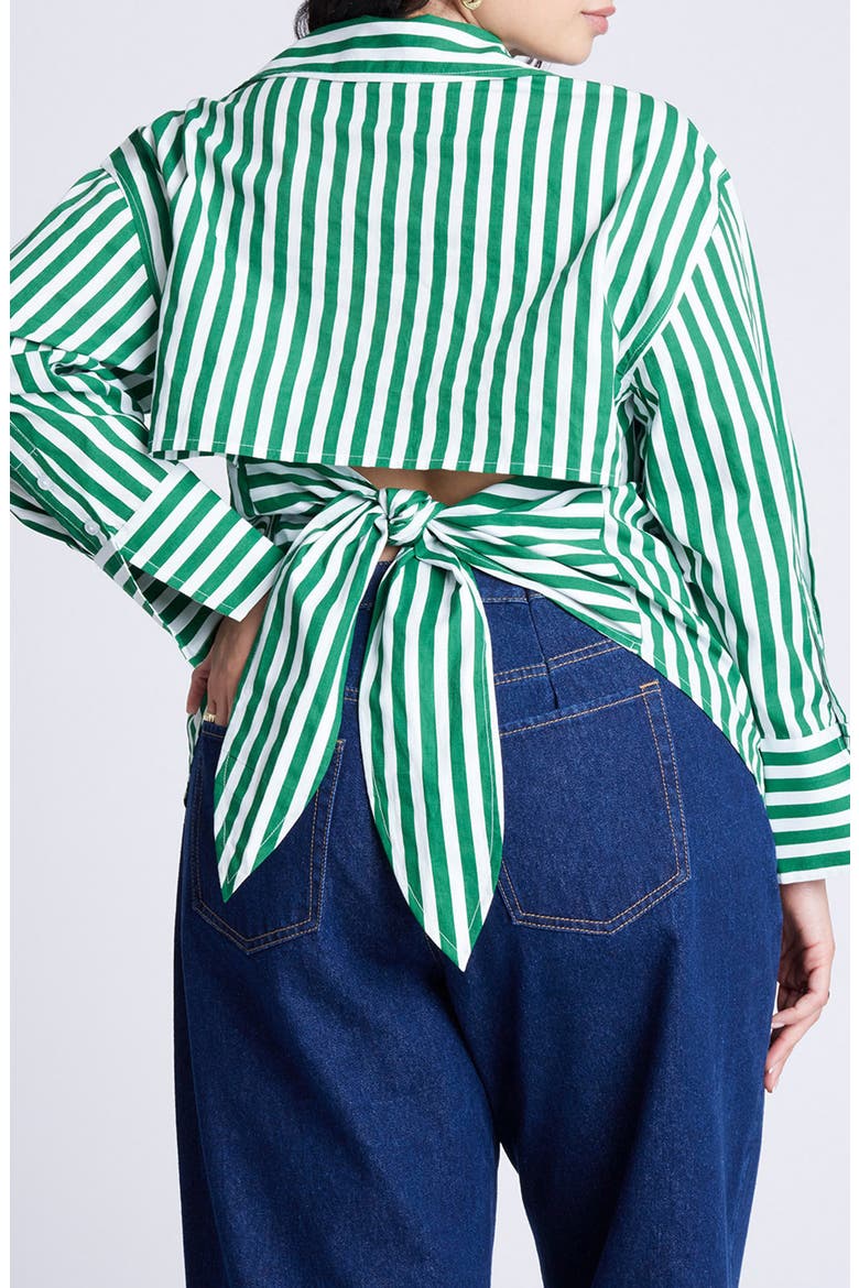 Stripe Open Tie Back Cotton Button-Up Shirt, Alternate, color, GREEN AND WHITE STRIPE