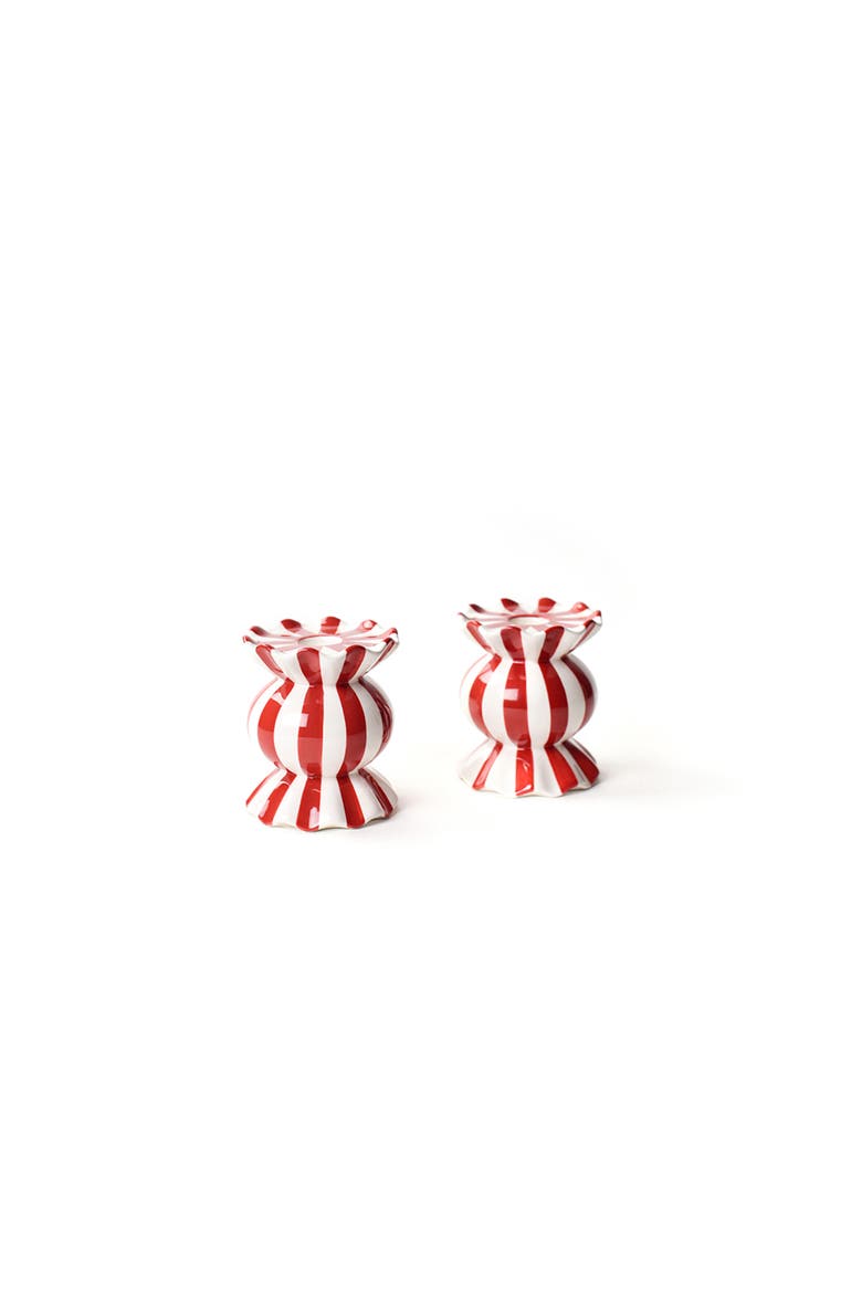Red Stripe Small Ruffle Knob Candle Holder Set of 2, Main, color, Red