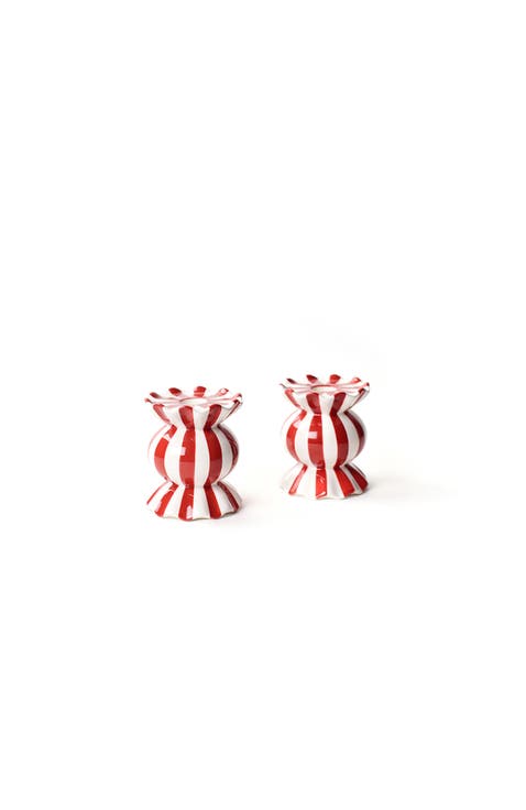 Red Stripe Small Ruffle Knob Candle Holder Set of 2