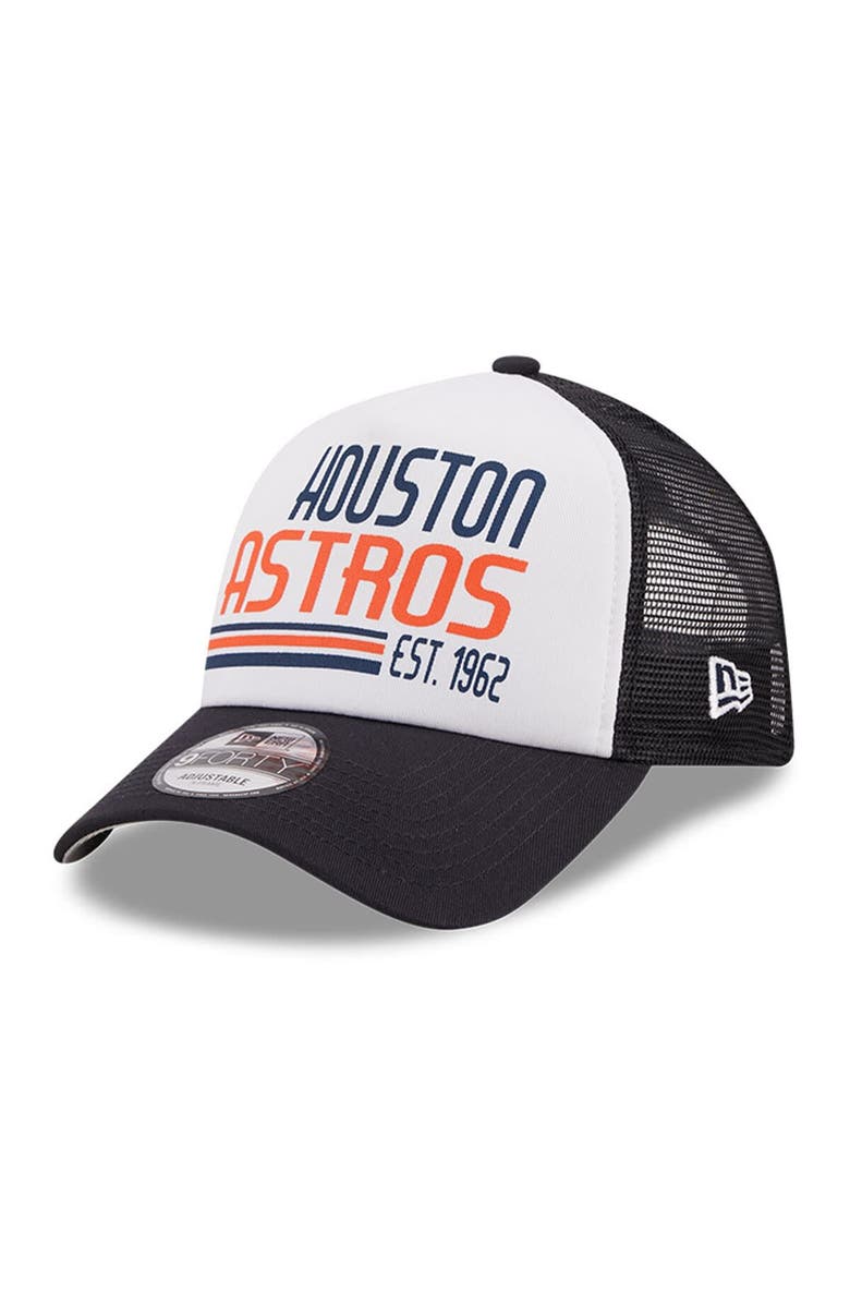 New Era Men's New Era White/Navy Houston Astros Stacked A-Frame Trucker 9FORTY Adjustable Hat, Main, color, White