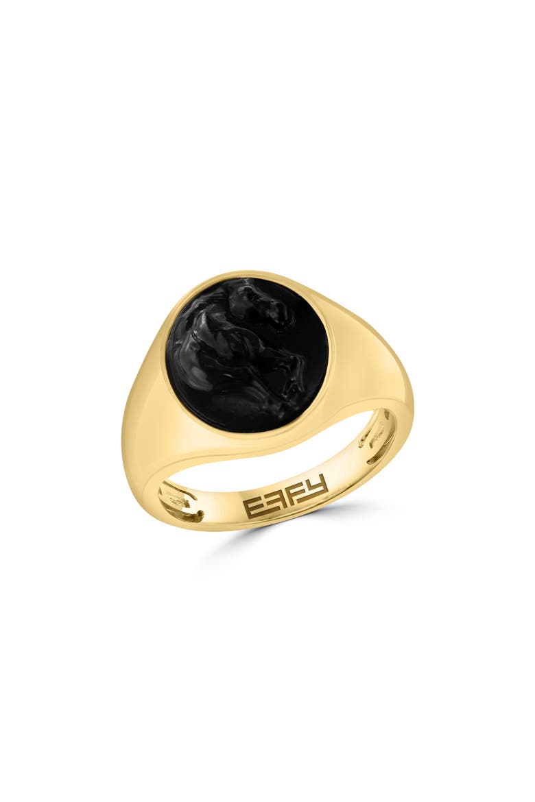 14K Gold Plated Sterling Silver Onyx Horse Signet Ring, Main, color, BLACK