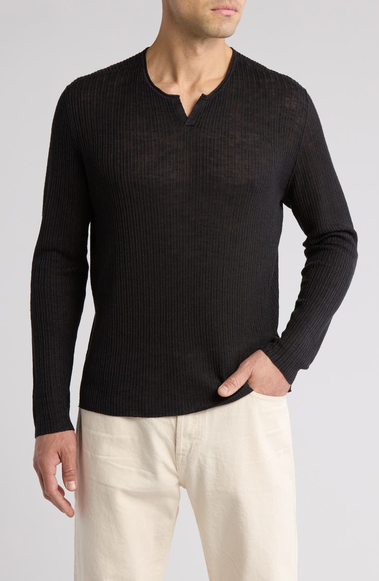 John Varvatos Egor Notch Neck Long Sleeve Rib Linen Blend Henley, Main, color, Black