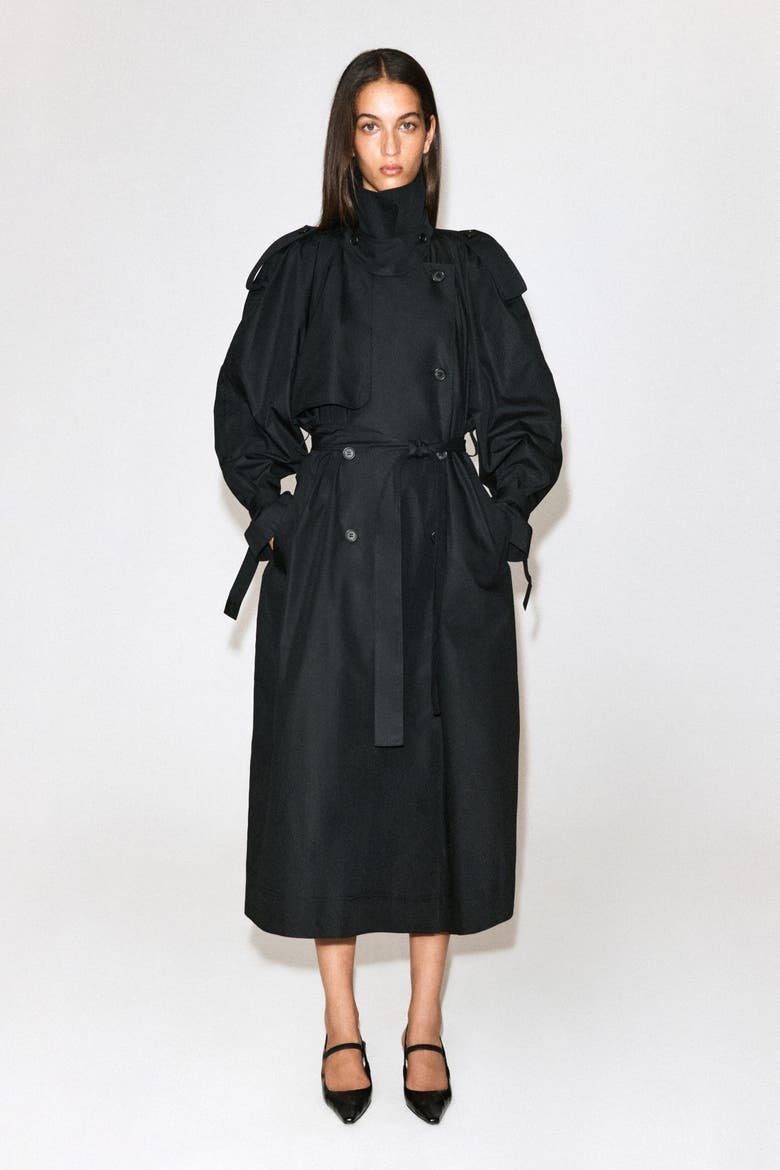 Mock-Neck Cotton Trench Coat, Alternate, color, BLACK