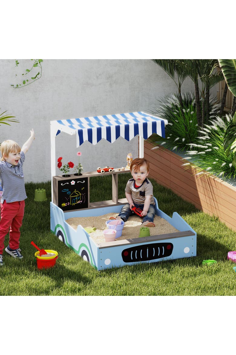 Kids Wooden Sandbox with Canopy, Grocery Store & Bench Seats, Alternate, color, Blue