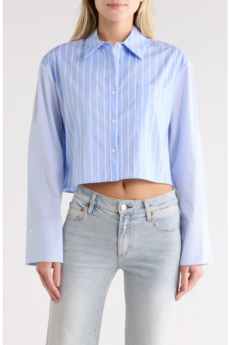 Crop Oversize Mixed Stripe Stretch Button-Up Shirt, Main, color, OXFORD BLUE MULTI