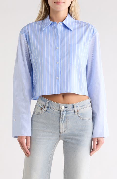 Crop Oversize Mixed Stripe Stretch Button-Up Shirt