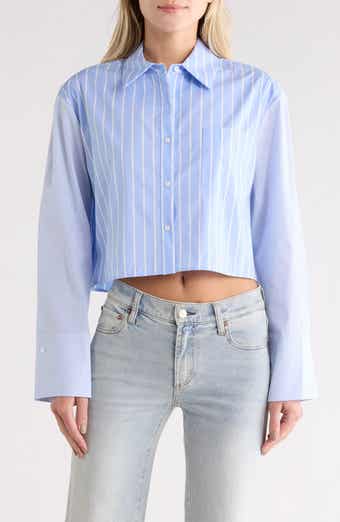 Alice + Olivia Crop Oversize Mixed Stripe Stretch Button-Up Shirt
