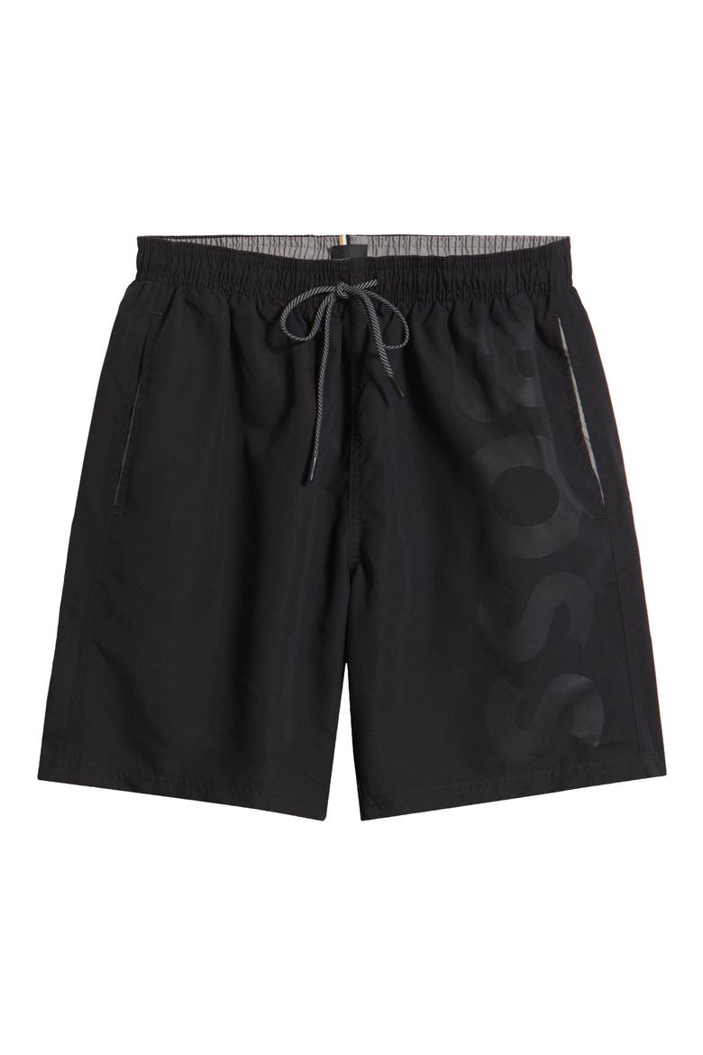 Orca Logo Graphic Swim Trunks, Alternate, color, BLACK