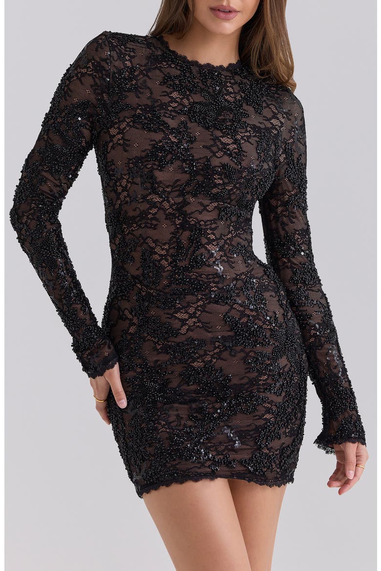 Aurielle Lace Backless Minidress, Alternate, color, BLACK