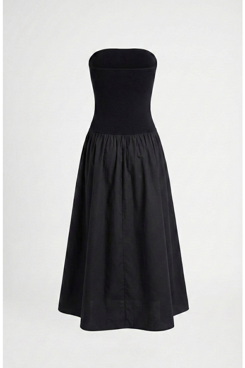 Strapless Smocked Bodice Midi Dress with Flowy Skirt and Pockets, Alternate, color, Black