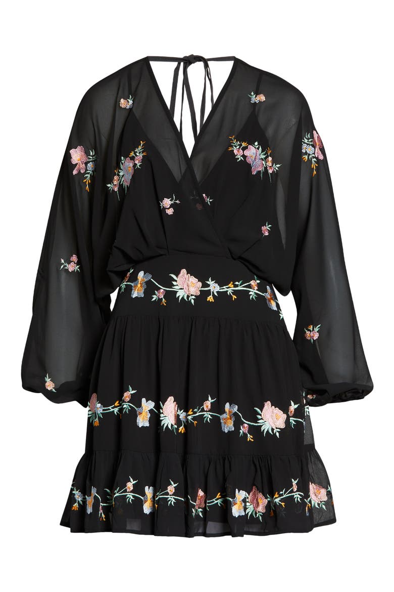 '70s Tiered Embroidered Long Sleeve Minidress, Main, color, BLACK