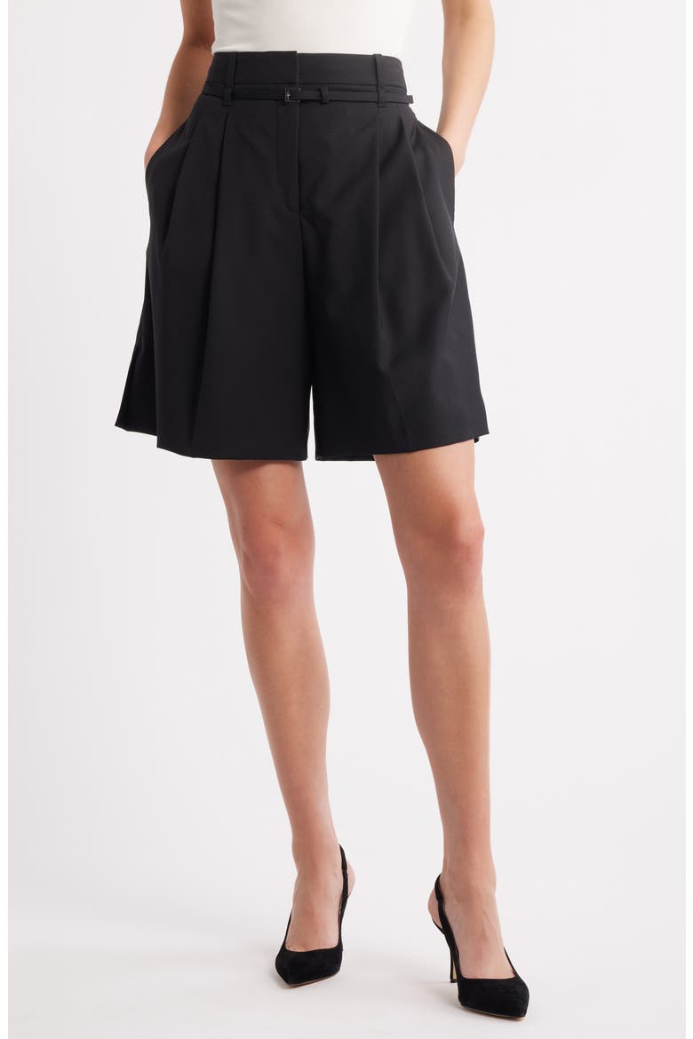 Taleda Belted High Waist Virgin Wool Shorts, Main, color, BLACK