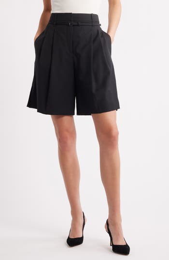 Hugo Boss Boss Taleda Belted High Waist Virgin Wool Shorts In Black