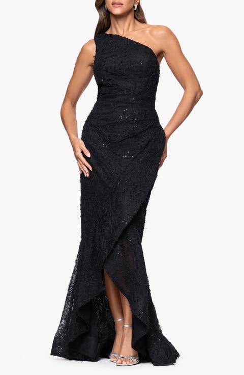 Sequin Embroidery One-Shoulder High-Low Gown