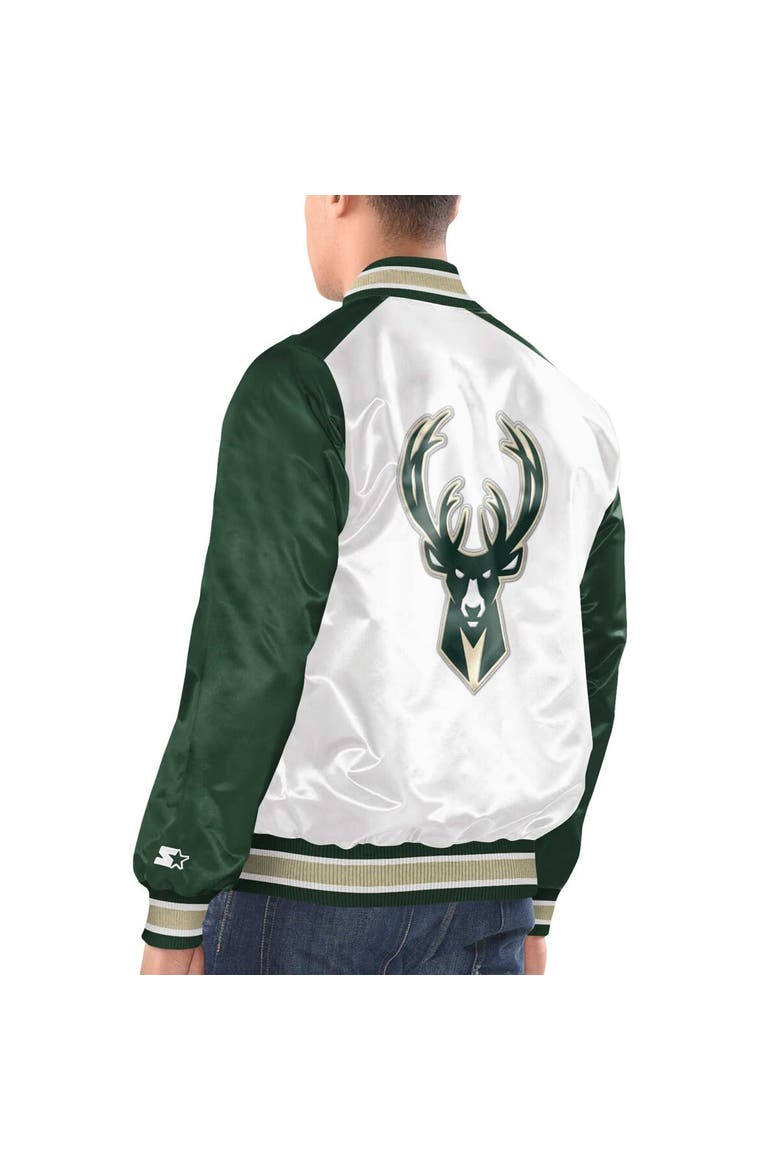 Men's Starter White/Hunter Green Milwaukee Bucks Renegade Satin Full-Snap Varsity Jacket, Alternate, color, White