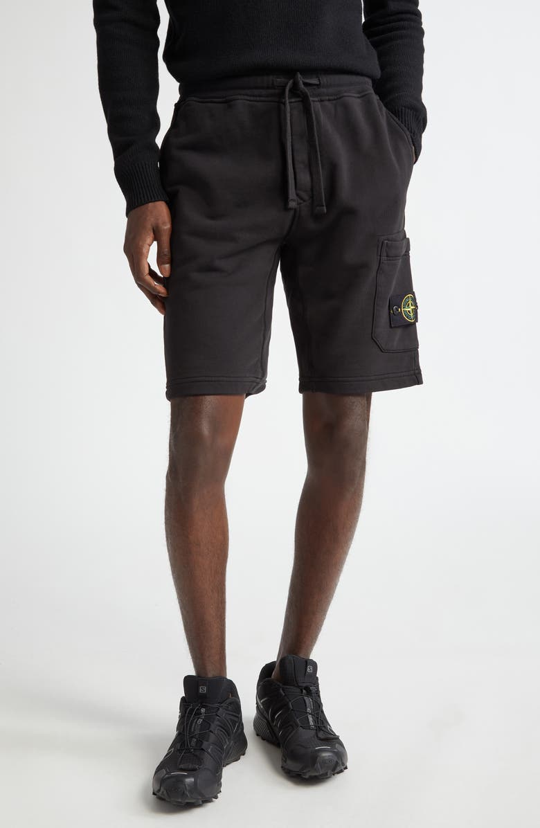 Stone Island Fleece Drawstring Cargo Shorts, Main, color, Black