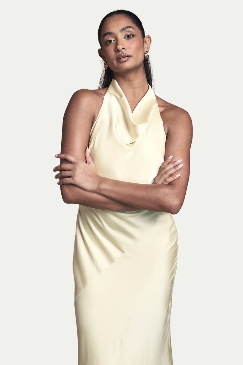 Cowl Halterneck Satin Bridesmaid Dress, Alternate, color, Lemon