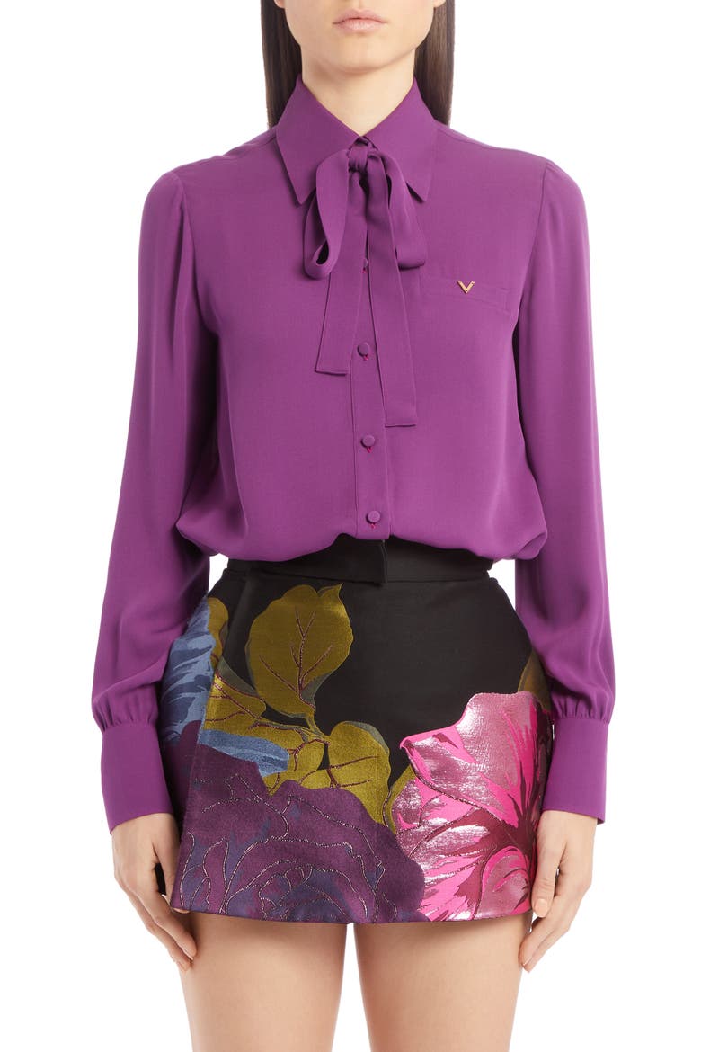 Silk Tie Neck Shirt, Main, color, DEEP LILAC