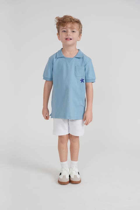 Boys Star Embroidered Trim T-Shirt, Indigo Denim