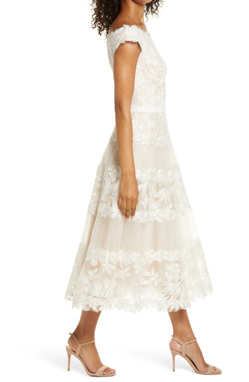 Tadashi Shoji Embroidered Off The Shoulder Midi Dress In Ivory/petal