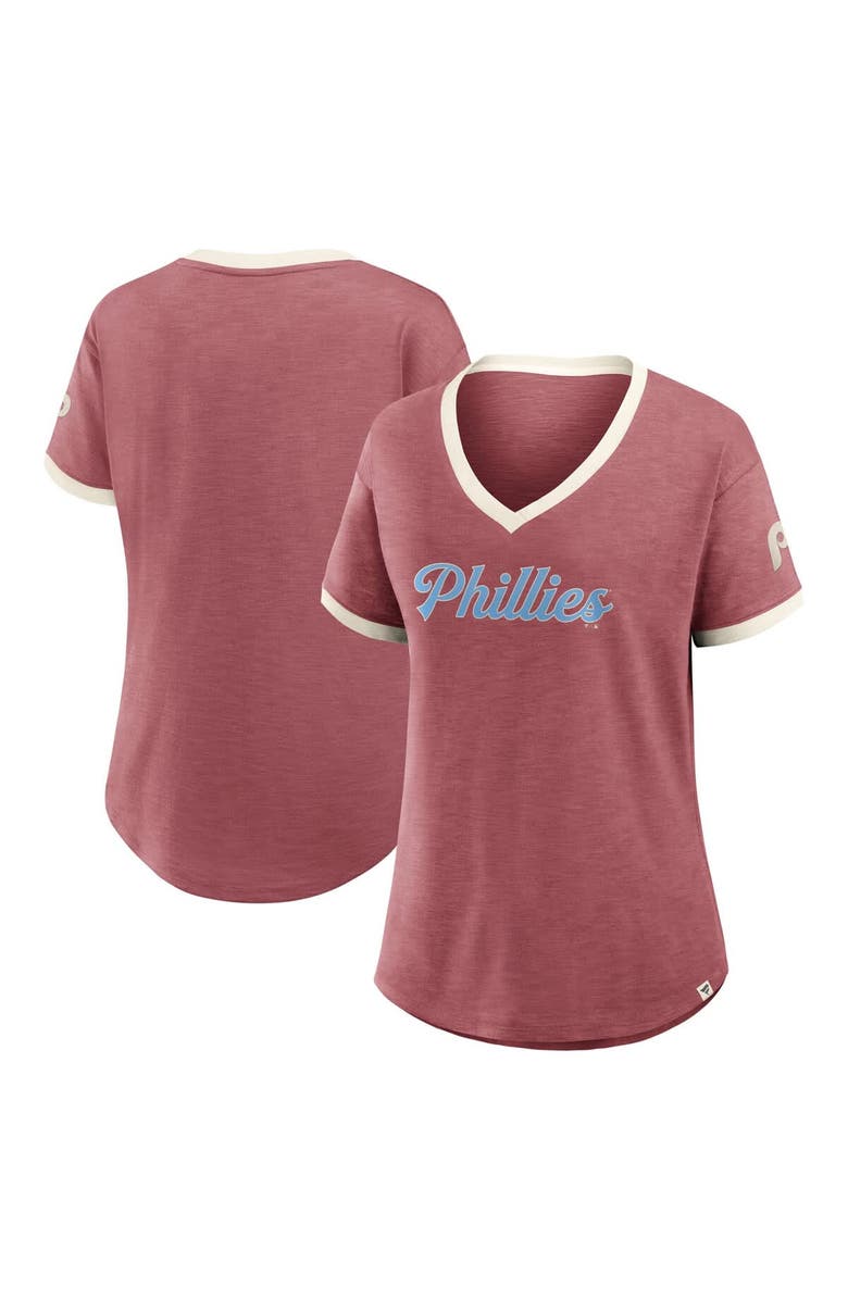 FANATICS Women's Fanatics Burgundy Philadelphia Phillies Cooperstown Collection Vintage Play Slub V-Neck T-Shirt, Main, color, Burgundy