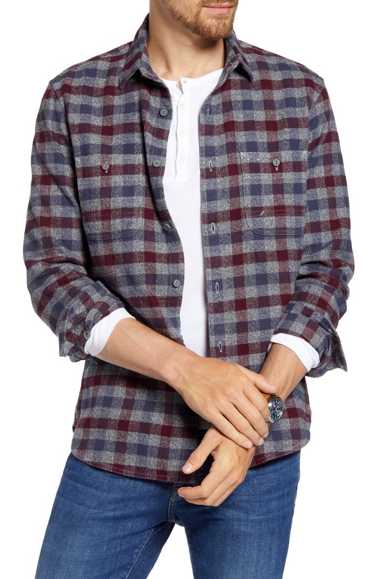 Trim Fit Plaid Flannel Button-Up Shirt, Main, color, GREY JASPE BURGUNDY CHECK