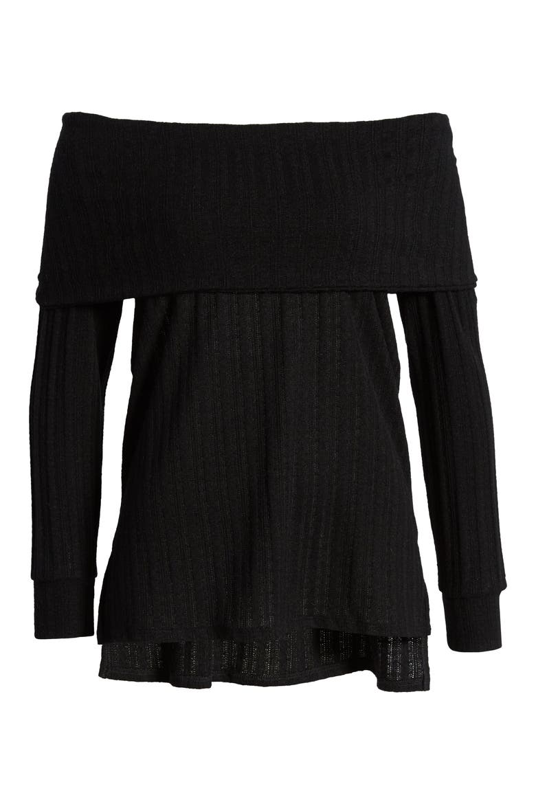 Ribbed Pointelle Off the Shoulder Top, Alternate, color, BLACK