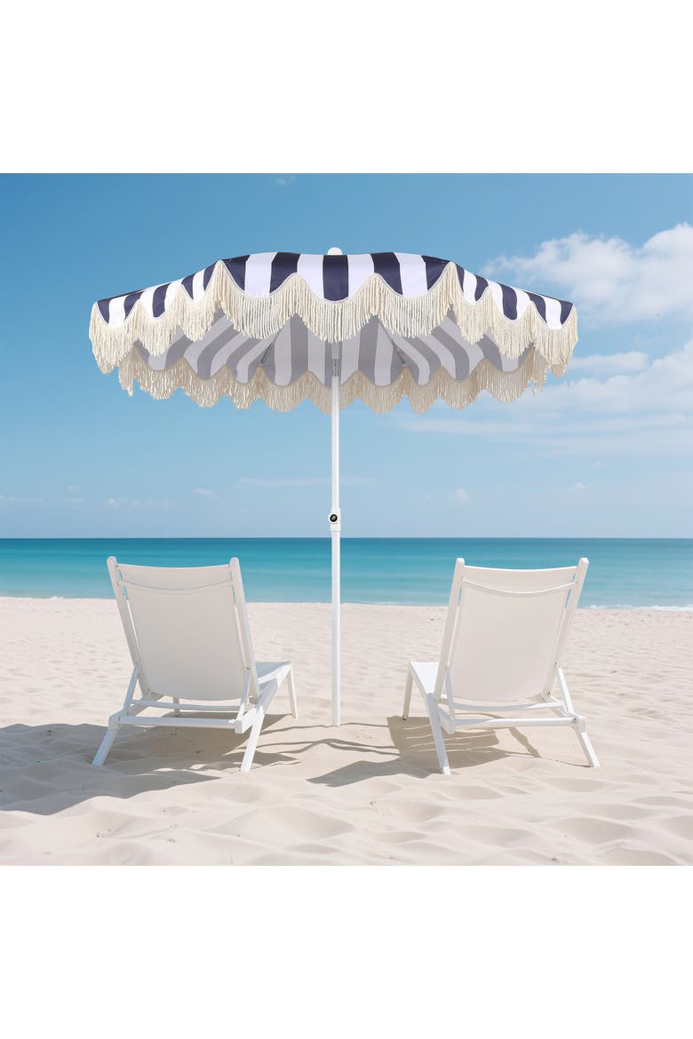 Mariner Coastal Round Outdoor Beach Umbrella with Fringe Trim, Push-Button Tilt, UV 50 Canopy and Wood-Finish Pole, Alternate, color, Navy/White - White Pole