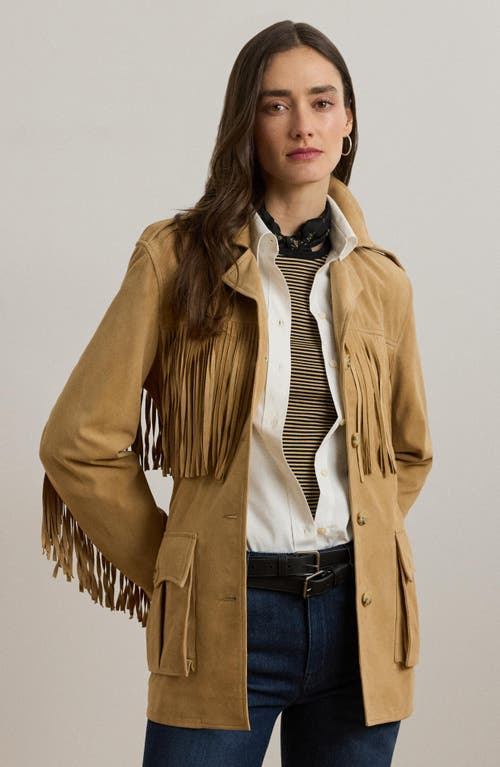 Ralph Lauren Fringe-trim Belted Goat-suede Jacket In Brown