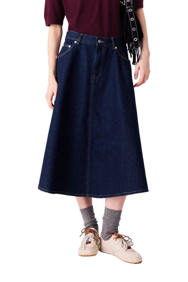 Mid-length flared denim skirt, Alternate, color, Navy