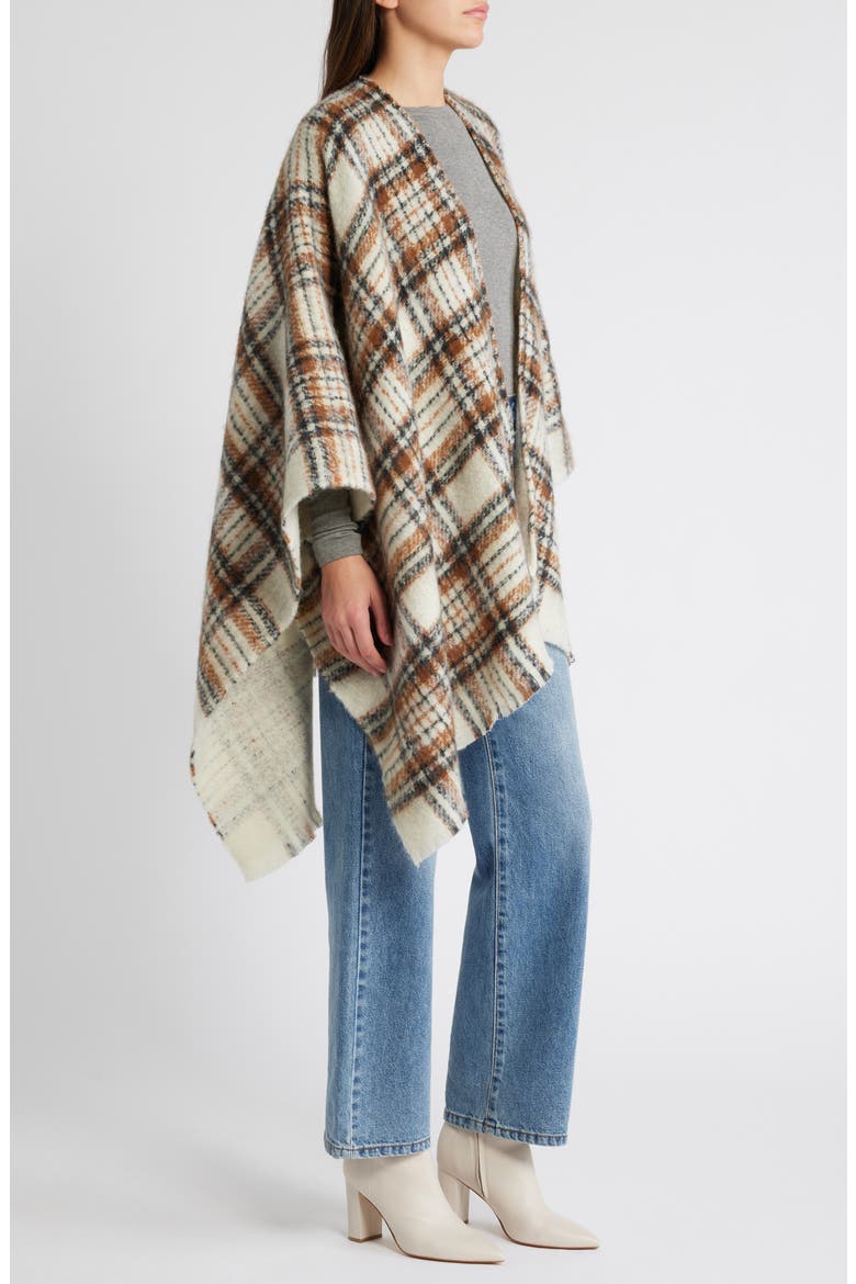 Plaid Fringed Ruana, Alternate, color, BROWN PLAID COMBO