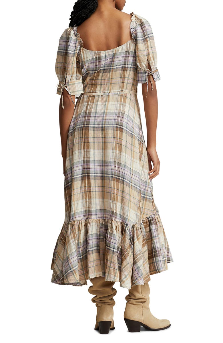 Plaid Puff Sleeve Linen Wrap Dress