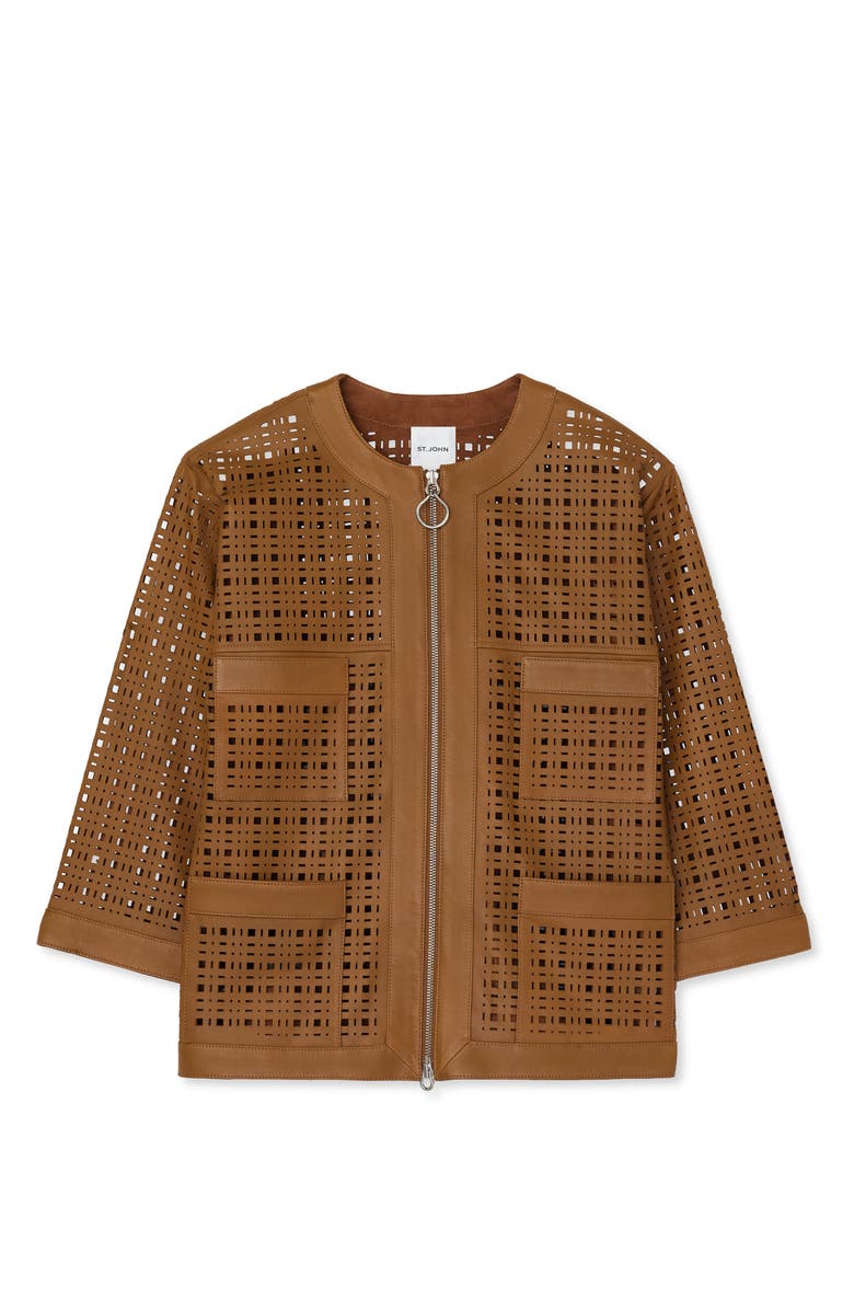 St. John Collection Laser Cut Leather Jacket, Alternate, color, 