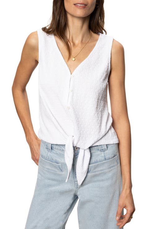 Vacation Textured Tie Front Button-Up Tank