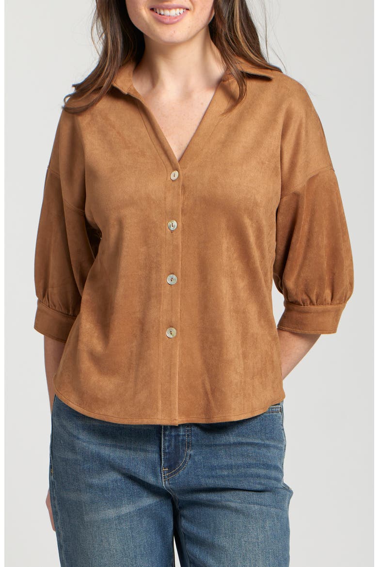 Faux Suede Button-Up Shirt, Main, color, CARAMEL