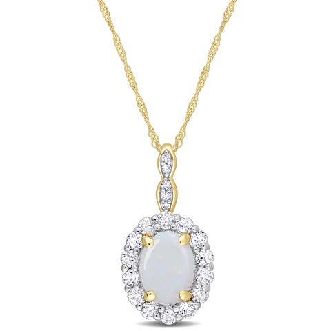 Gemstone & Diamond Oval Halo Necklace 14K