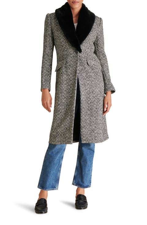 Dienne Herringbone Tweed Coat with Faux Fur Collar