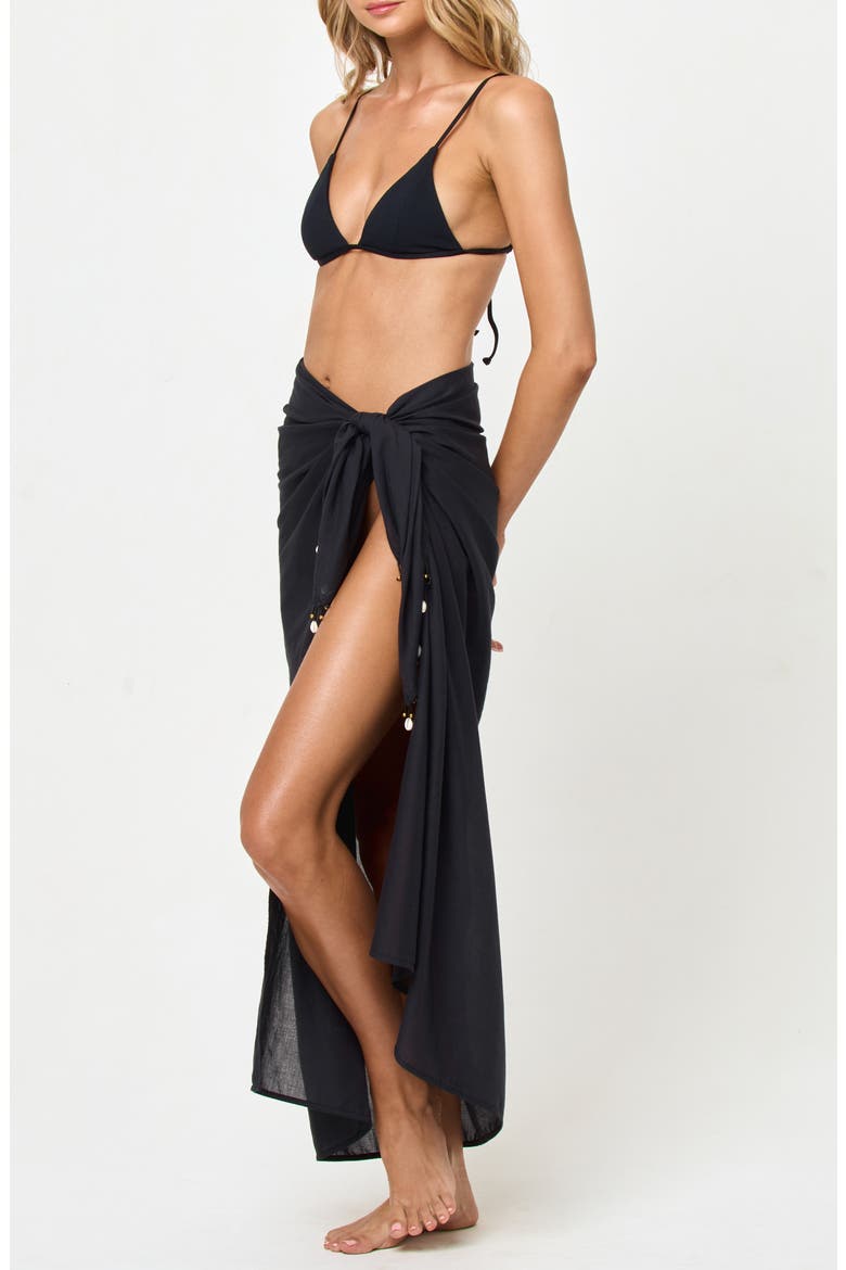 Mika Seashell Fringe Cotton Cover-Up Sarong, Alternate, color, BLACK